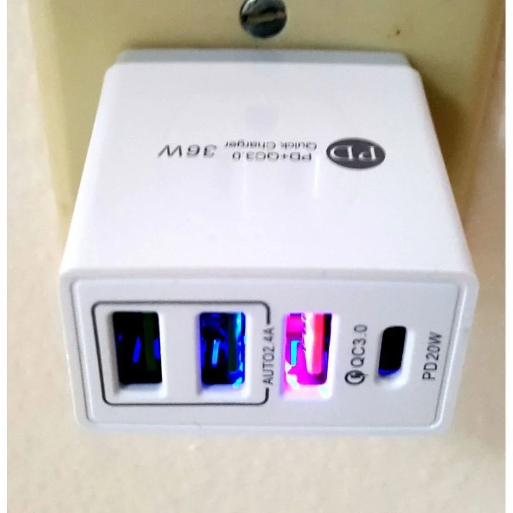 Rapid PD Wall Charger with LED Port 4 Ports White Quick Charger 3.0 for all cell